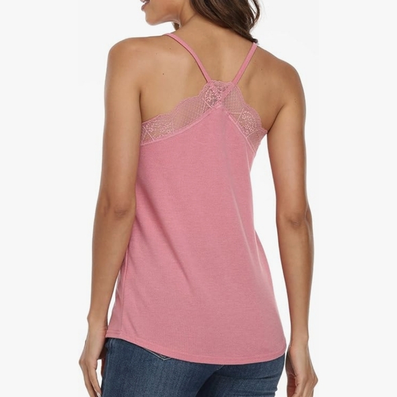 V-neck Sleeveless Camisole Lace Trim Tank Top Spaghetti Straps Cami, Pink Medium - Picture 2 of 5